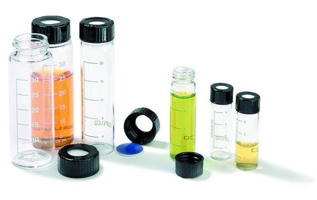 Vials, screw top, graduated, open-top cap, preassembled