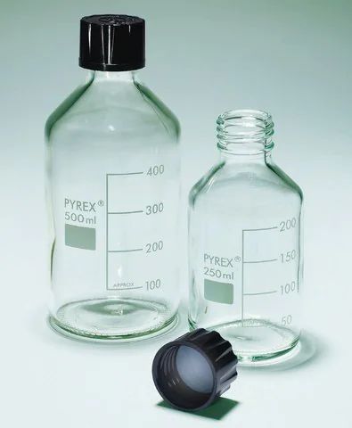 Pyrex<sup>®</sup> Reagent bottles, round bottom with reusable screw caps