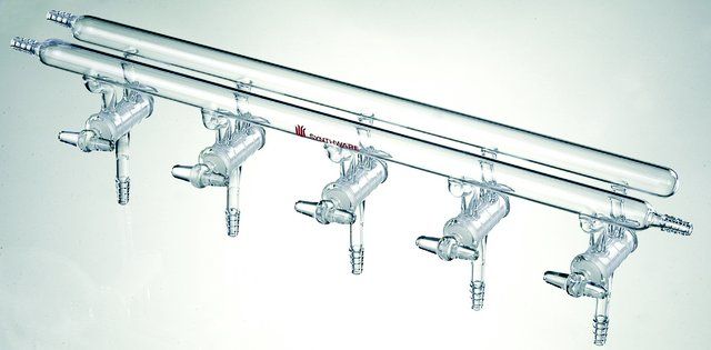 Synthware<sup>TM</sup> all-glass vacuum/inert gas manifold with solid high vacuum stopcocks