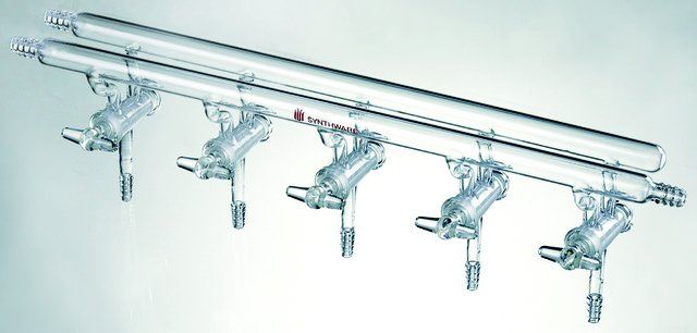 Synthware<sup>TM</sup> all-glass vacuum/inert gas manifold with hollow high vacuum stopcocks