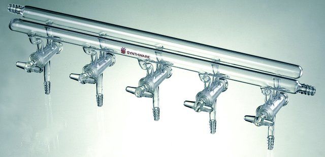 Synthware<sup>TM</sup> all-glass vacuum/inert gas manifold with hollow high vacuum stopcocks