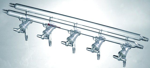 Synthware<sup>TM</sup> all-glass vacuum/inert gas manifold with hollow high vacuum stopcocks